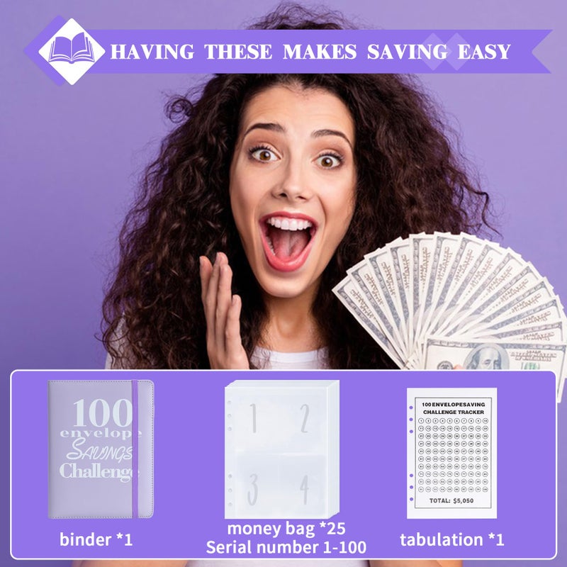 NICOOTH 100 Envelopes Money Saving Challenge Money Saving Binder 100 Envelope Challenge Binder Savings Binder Envelope A5 Savings Challenge Book (Purple) - Image 5